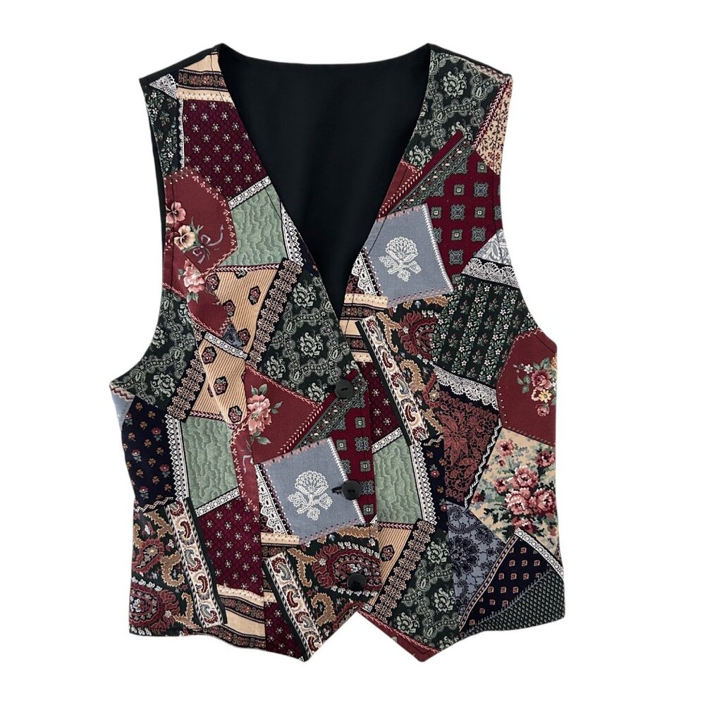 Vintage-Inspired Handmade Patchwork Button-Up Ves… - image 5